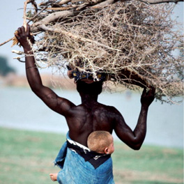 Woman carrying wood and child
